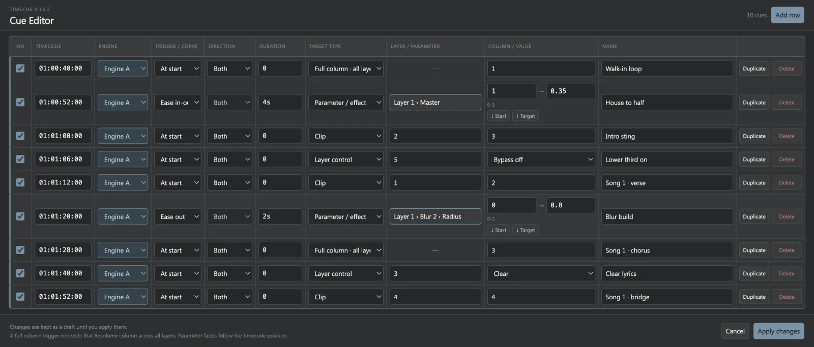 Cue Editor with clip, column, layer control and parameter fade cues
