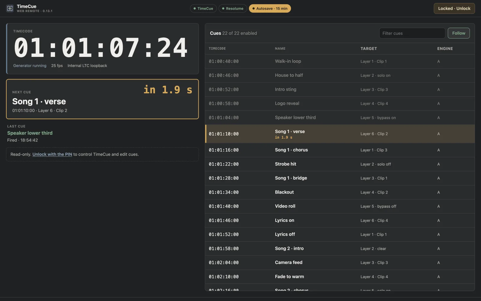 Web remote on a wide screen: large timecode, next cue countdown and the cue list