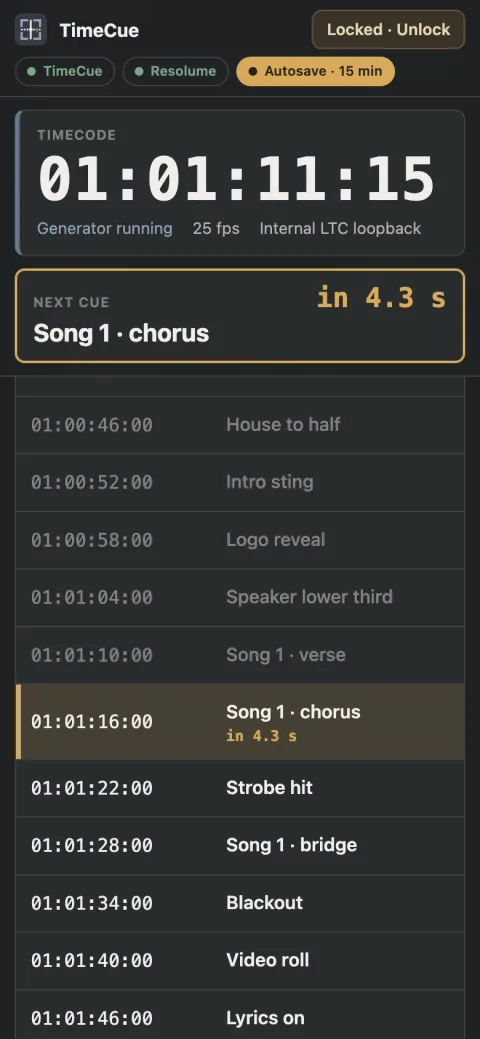 Web remote on a phone with the timecode and next cue pinned at the top